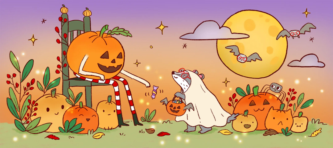 A whimsical Halloween scene with a badger dressed as a ghost, smiling pumpkins, and a glowing moon.