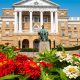 Bascom Hall with Zinnia flower blooms