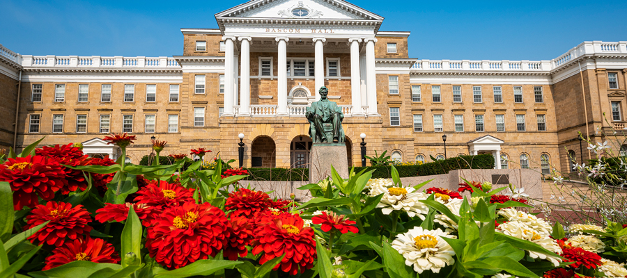 Bascom Hall with Zinnia flower blooms