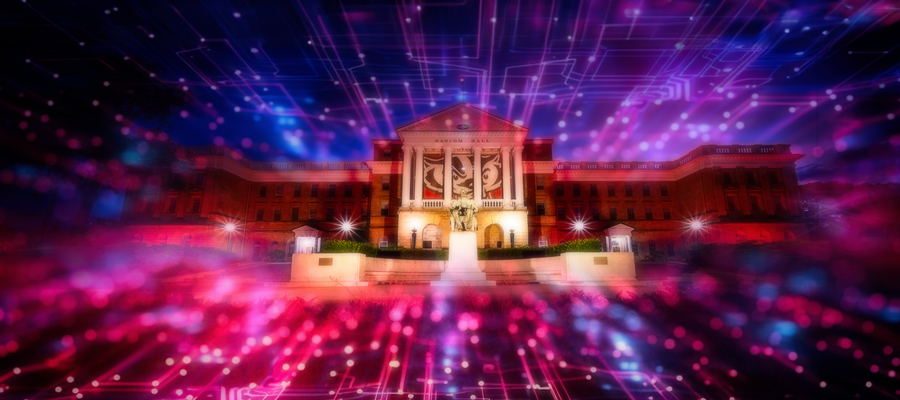 Bascom Hall visible with circuitry light streaks flying towards it.