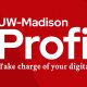 Illustration of a mobile phone next to white text on a red geometric background reading "UW–Madison Profile: Take charge of your digital identity"
