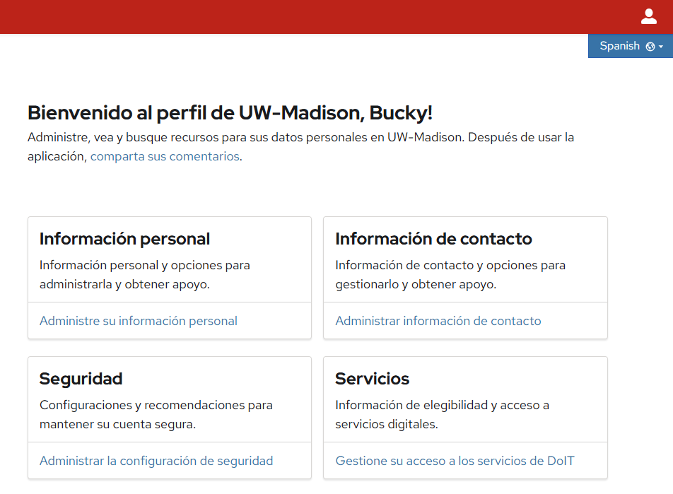 UW–Madison Profile app interface in Spanish. See detailed description below.