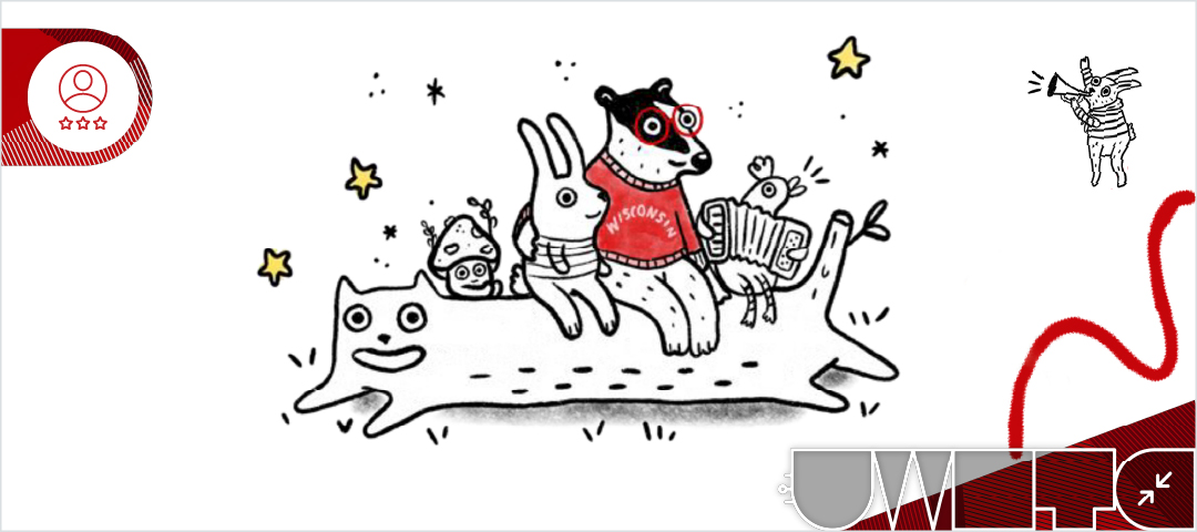 Woodland creatures, including Bucky Badger, sitting on a cat.