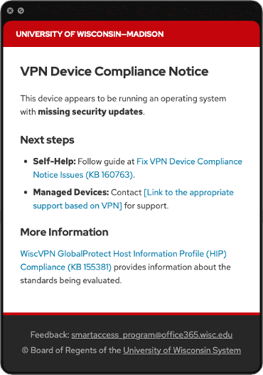 An image of a VPN Device Compliance Notice, stating "this device appears to be running an operating system with missing security updates" and showing Next Steps.