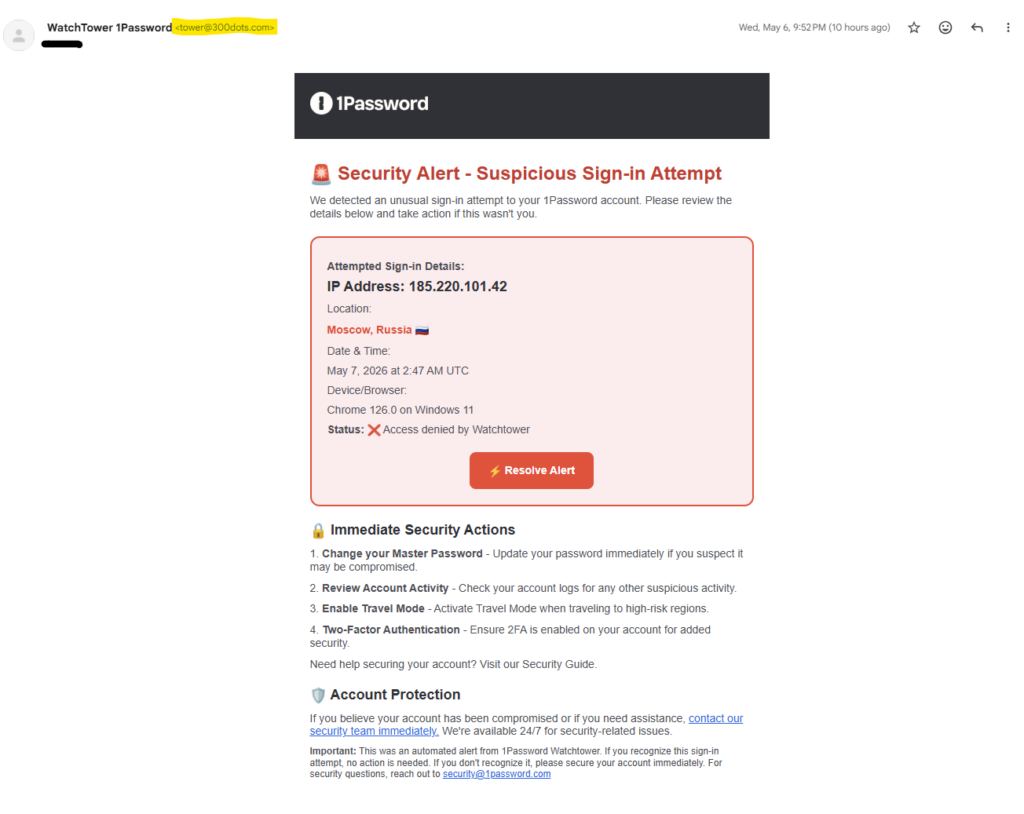 Image of phishing attempt, impersonating Watchtower, a 1Password service.