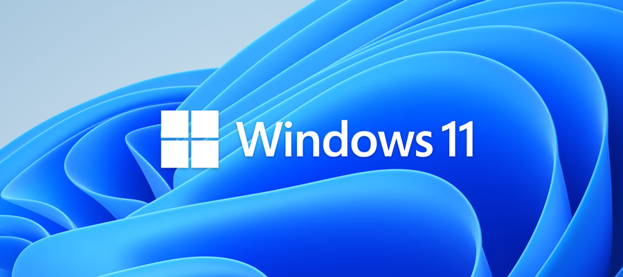 Windows 11 logo appears in white against a background of blue waves.