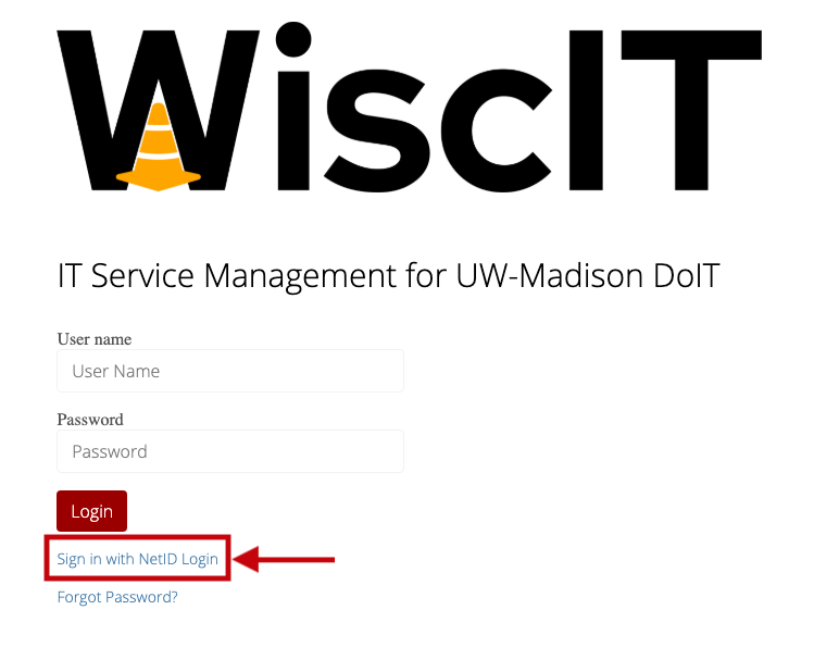 <span aria-label="Wiss-kit">WiscIT</span> portal login page with "Sign in with NetID Login" highlighted