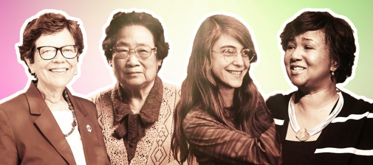 A collage of Becky Blank, Tu Youyou, Margaret Hamilton, and Mae Jemison