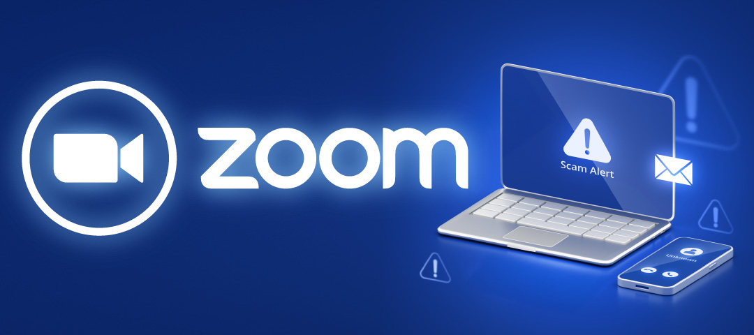 Zoom logo with laptop, cellphone, email symbol, and warning symbol