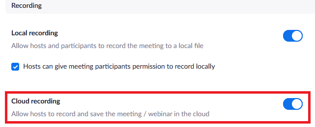 Zoom recording settings showing Clound Recording enabled