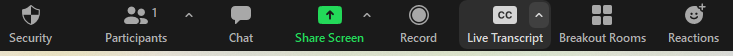 Zoom toolbar showing the Live Transcript option.