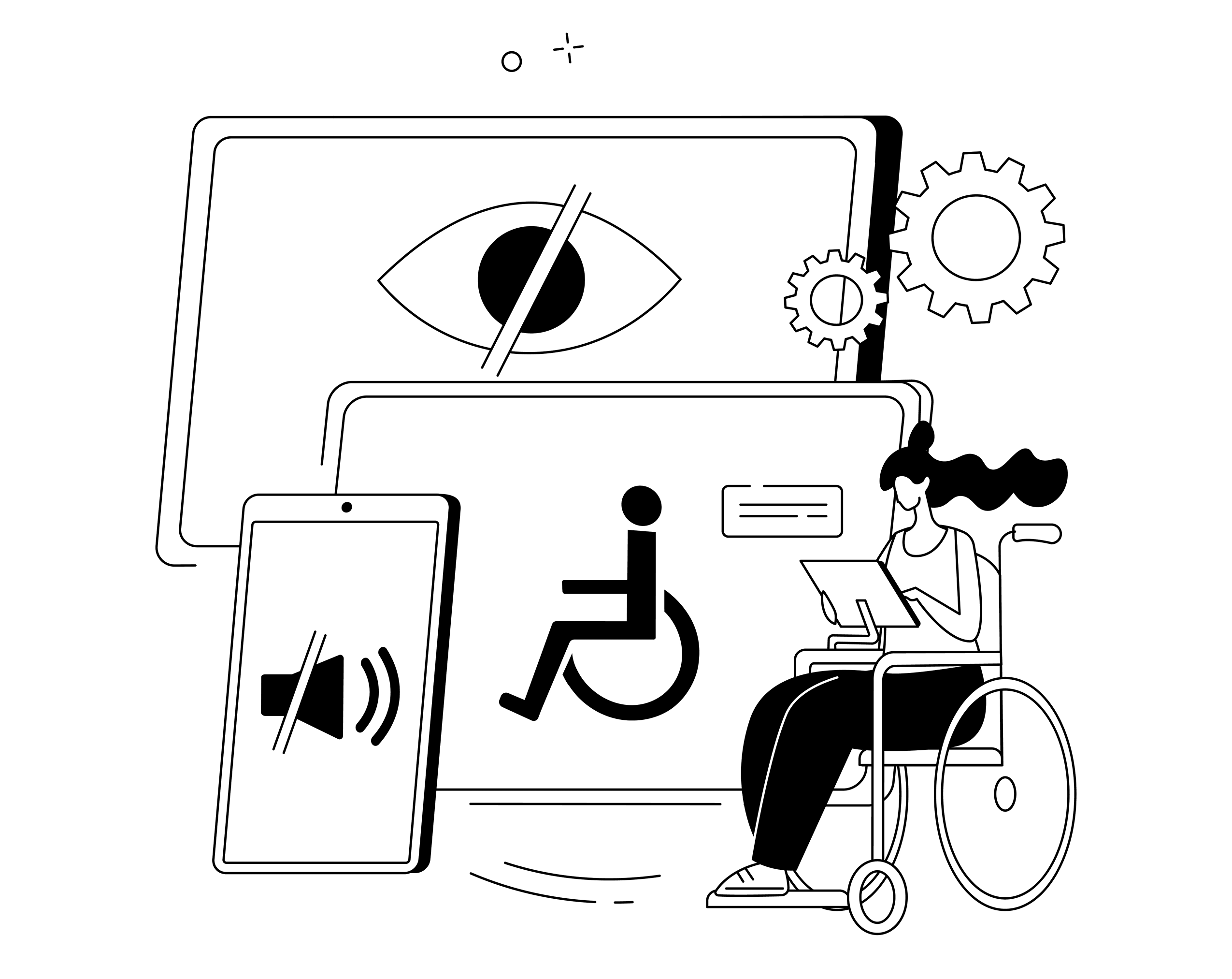Illustration of a person in a wheelchair surrounded by three devices, depicting accessible design