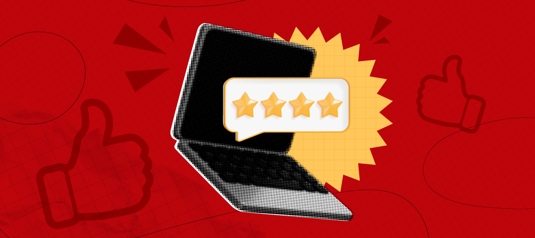 a laptop with 4 stars and thumbs up symbol