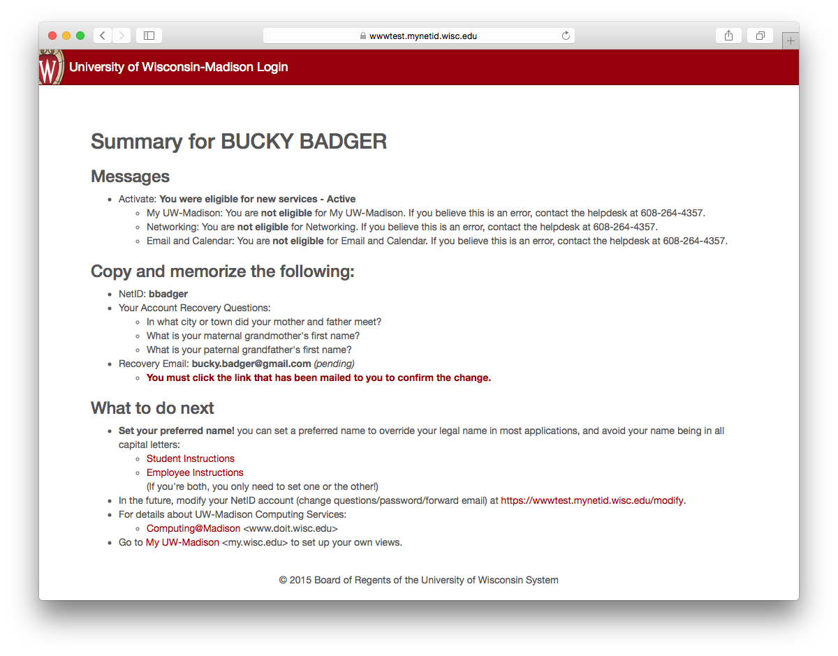Net ID account modifications summary page