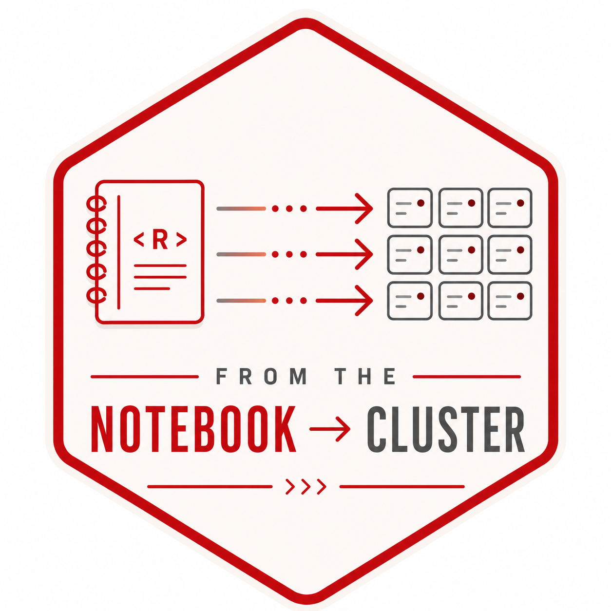 Hex sticker with a white background and red border showing a notebook labeled “< R >” on the left, three red arrows moving right, and a grid of server nodes representing a compute cluster on the right. Large text below reads “from the notebook → cluster,” emphasizing a workflow that moves R analysis from a local notebook to cluster computing.