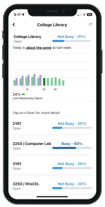 An iPhone screen showing the Waitz app with information for UW's College Library occupancy.