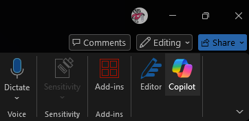 Microsoft Word ribbon with Copilot button highlighted.