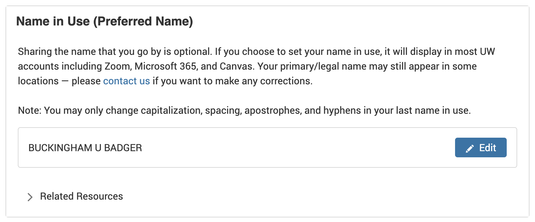 Screenshot showing a webpage displaying a Name in Use with a button to edit it.
