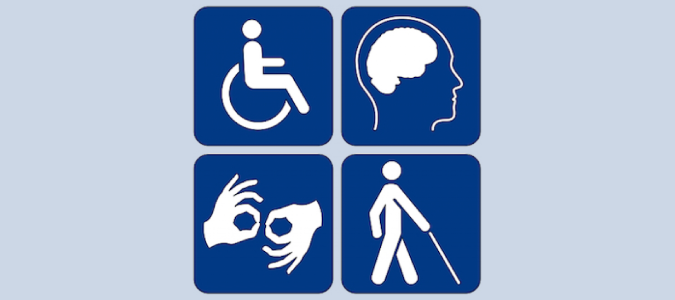 Accessibility symbols which include sign language, mobility impairment, and cognitive impairment.